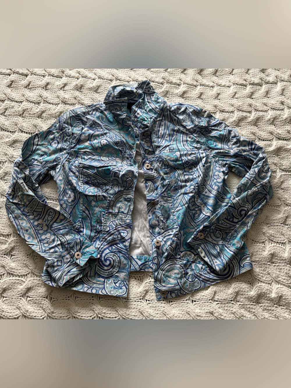 Peck & Peck Blue and Teal Paisley Button-Front Jacket